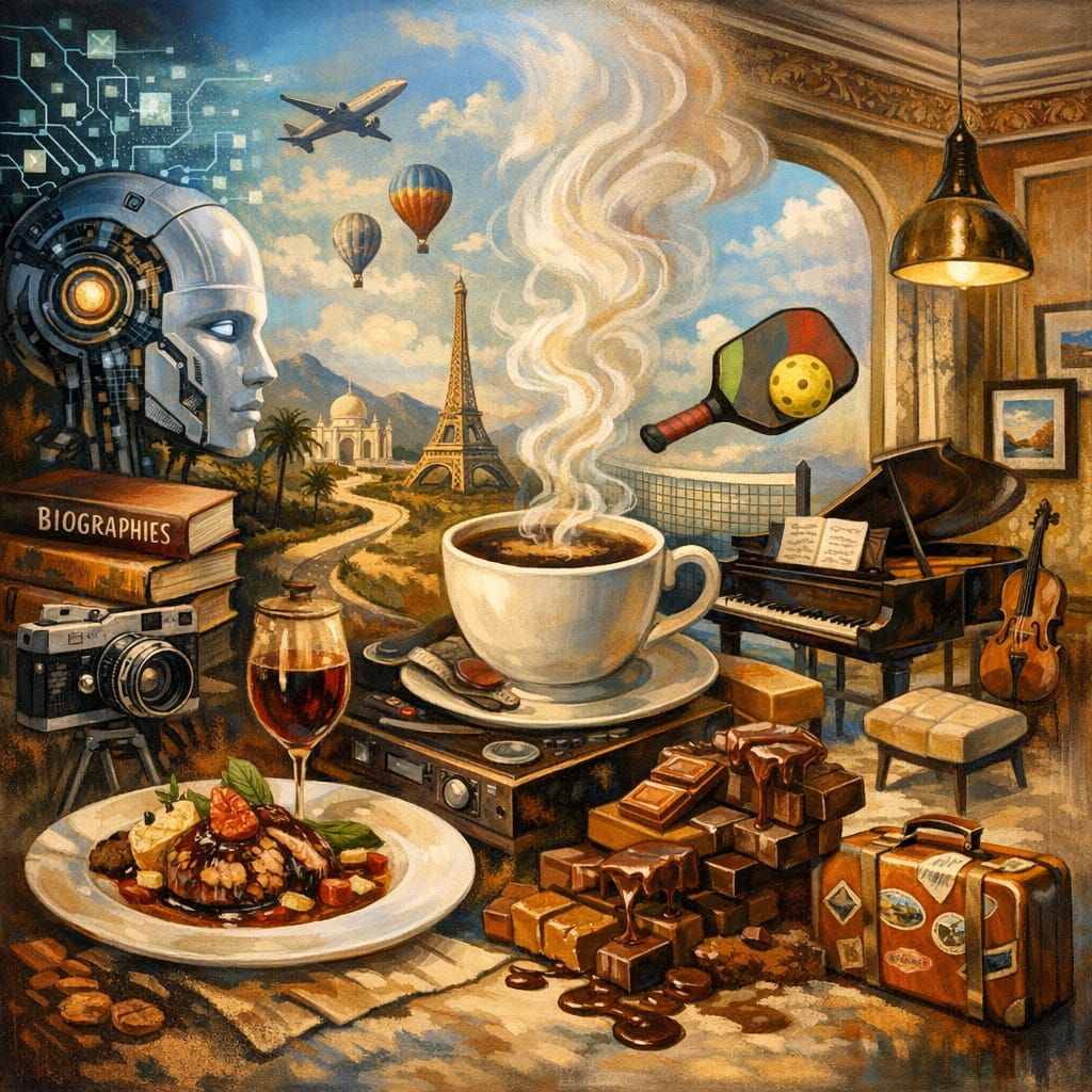 Surrealist Collage of Art, Travel, and Gastronomy