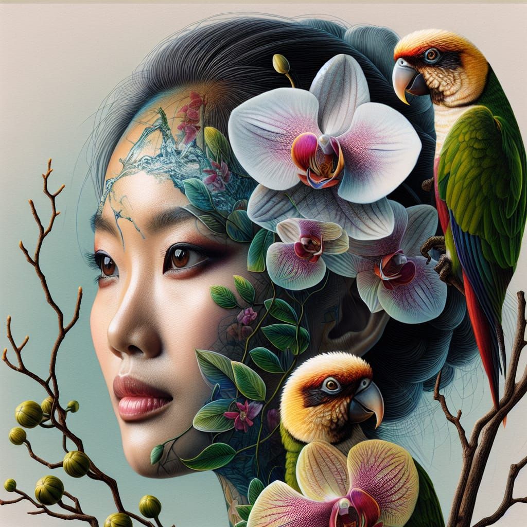 Photorealistic Drawing: Woman with Parrots and Orchids