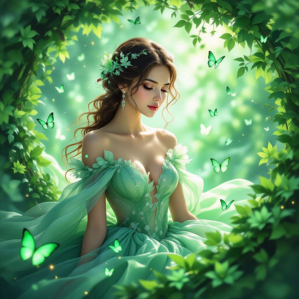 Ethereal Woman in Petal Gown with Glowing Butterflies