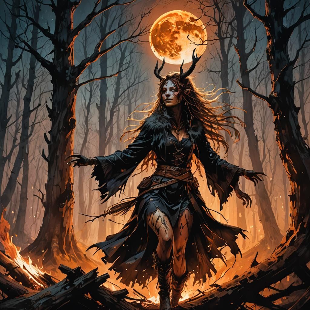 Young Witch Dancing in Dark Fantasy Style
