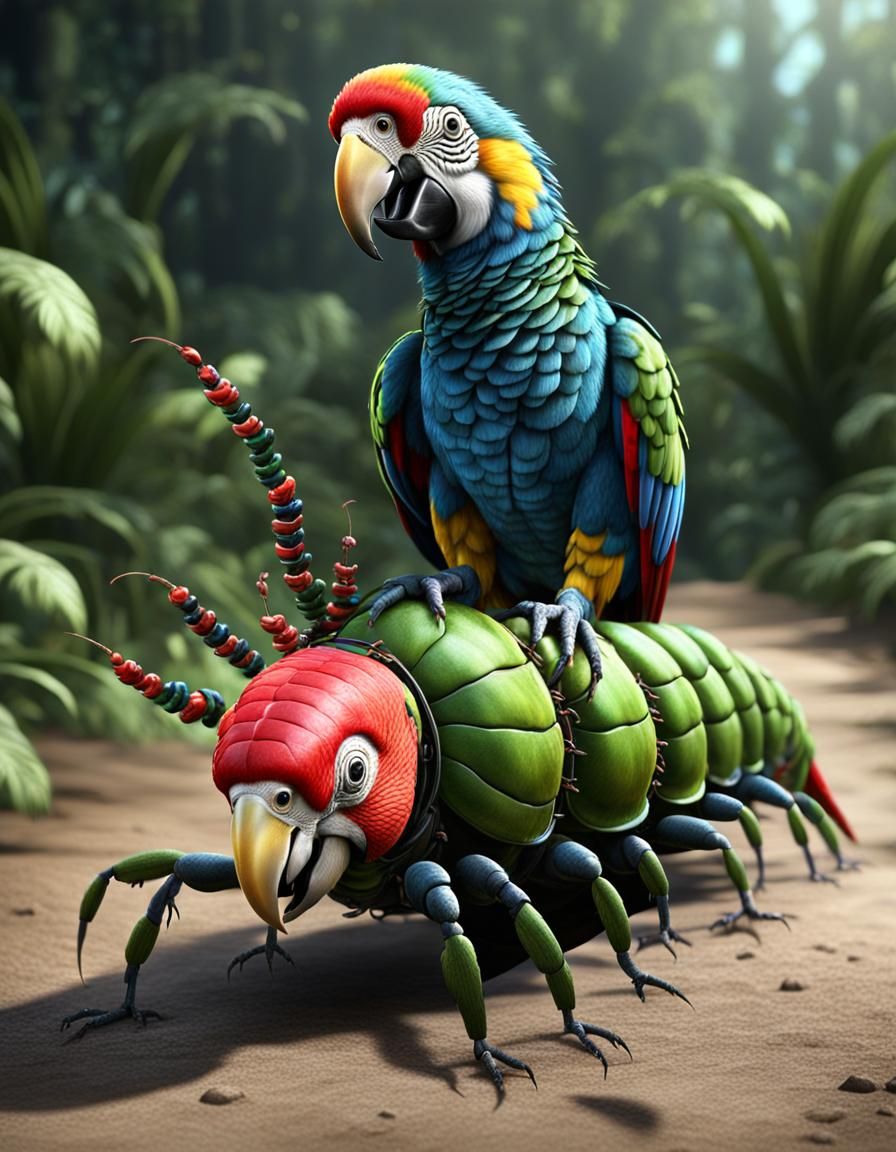 Parrot Rides a Centipede in CGI Style