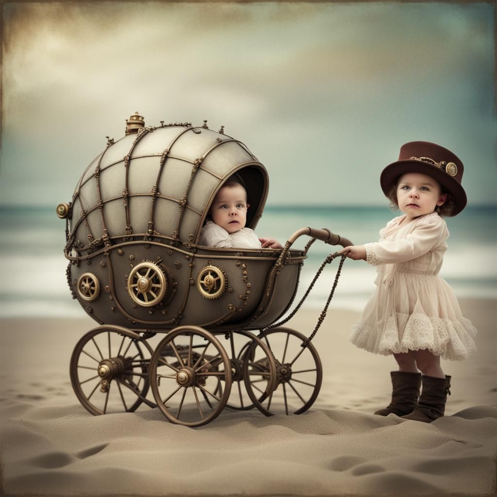 Steampunk Pram on Beach in Ceccoli Style