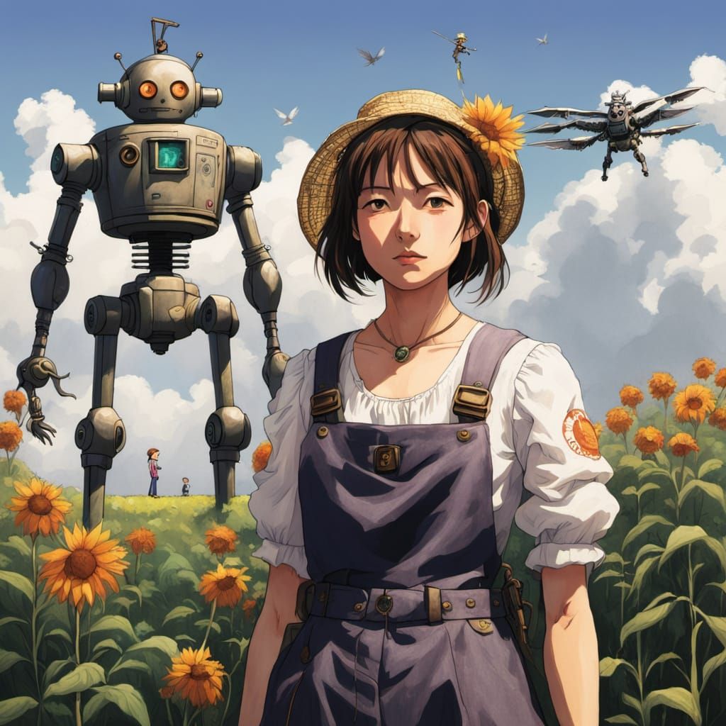 Girl and Robot Scarecrow in Ghibli Style