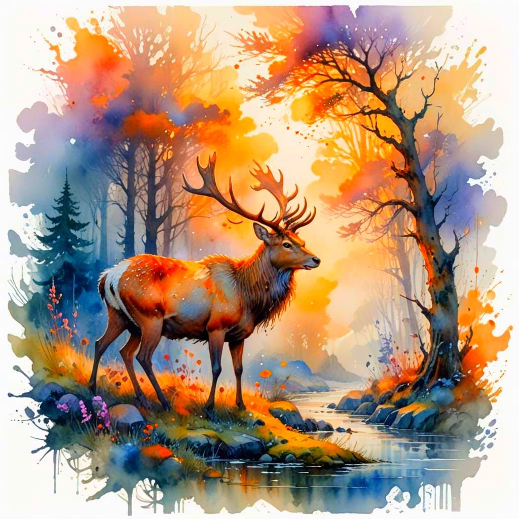 Majestic Stag on Misty Moor in Watercolor Style