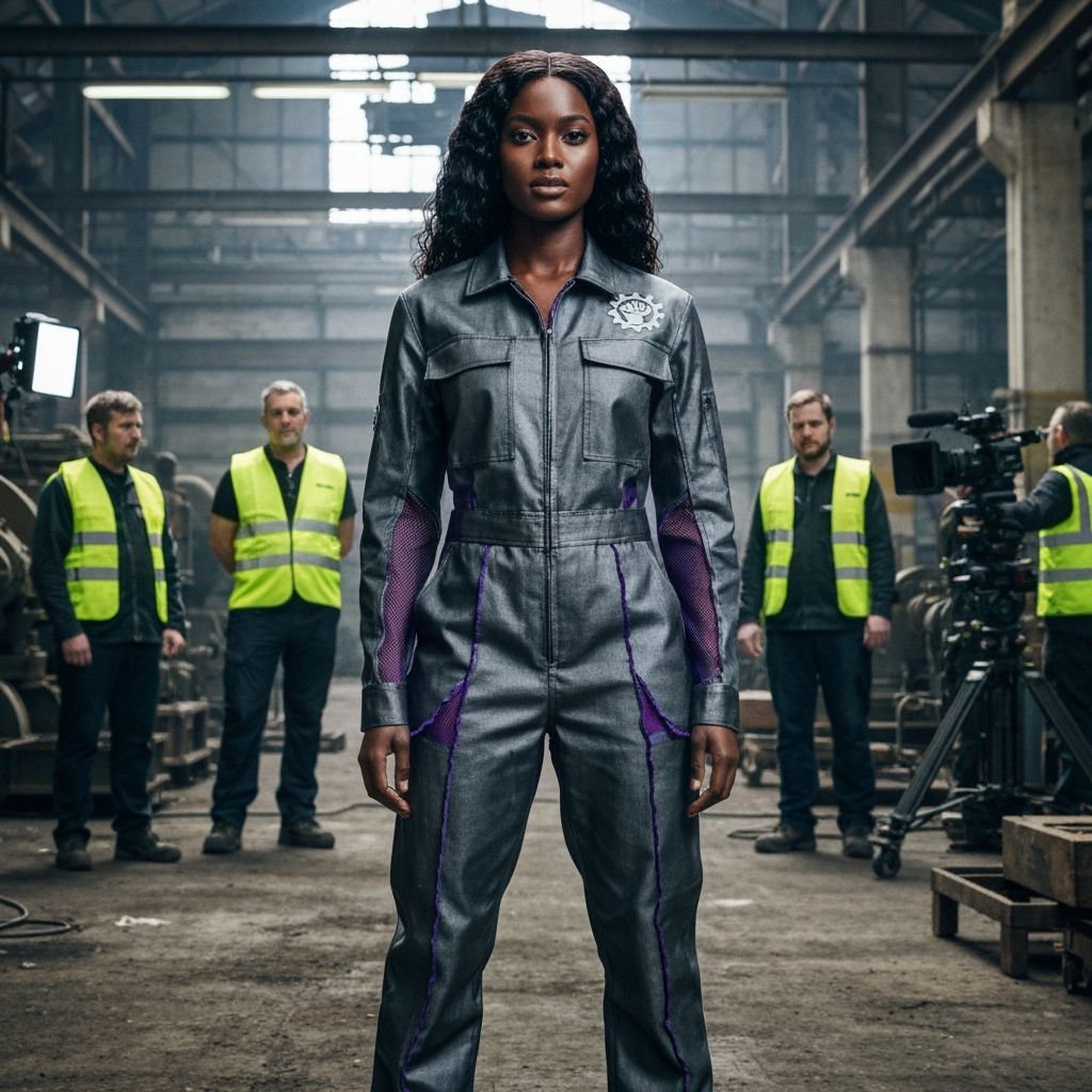 Black Woman in Derelict Factory, Union Members Nearby