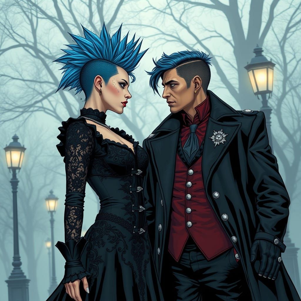 Gothic Punk Couple in Misty Central Park
