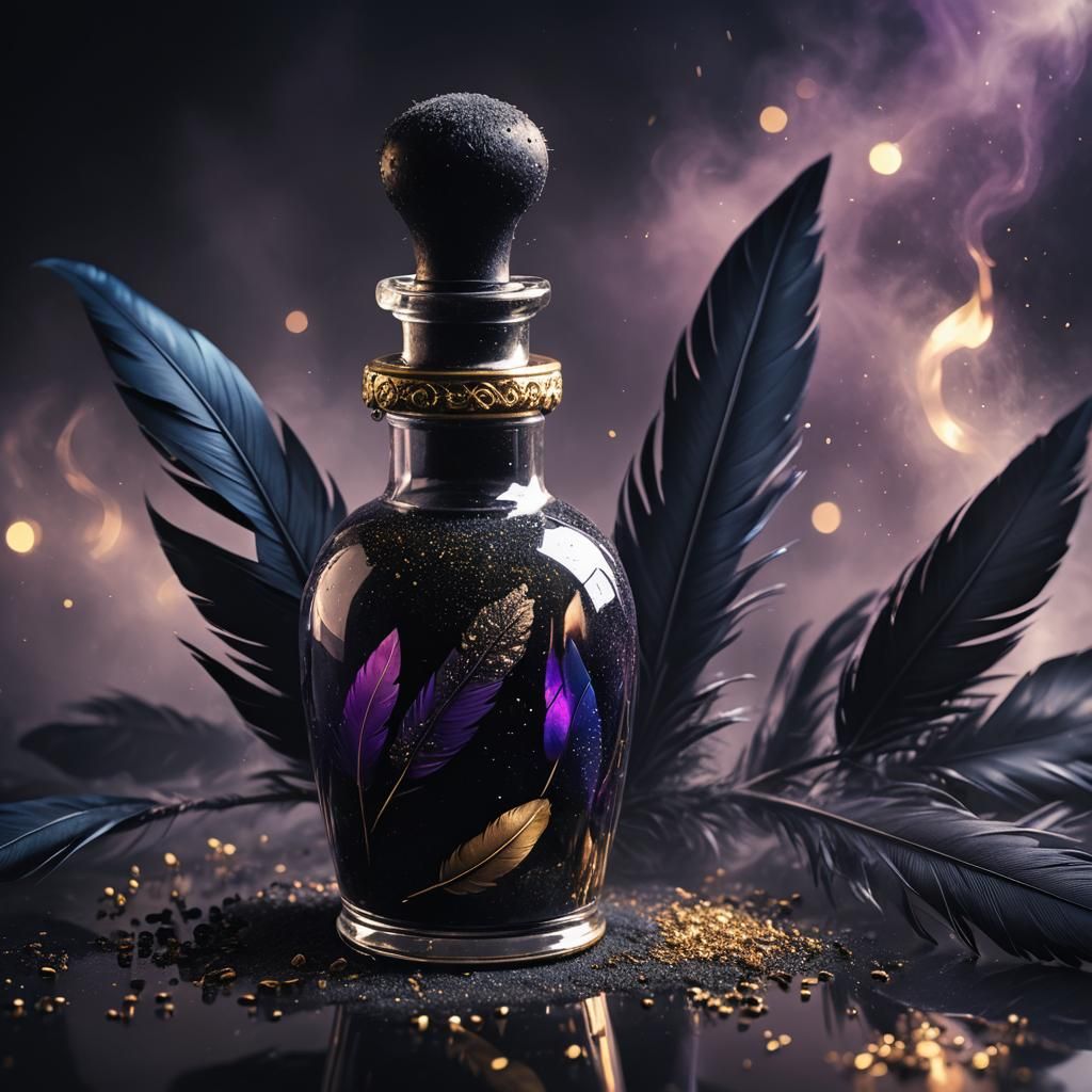 Dark Fantasy Potion Bottle with Black Feathers