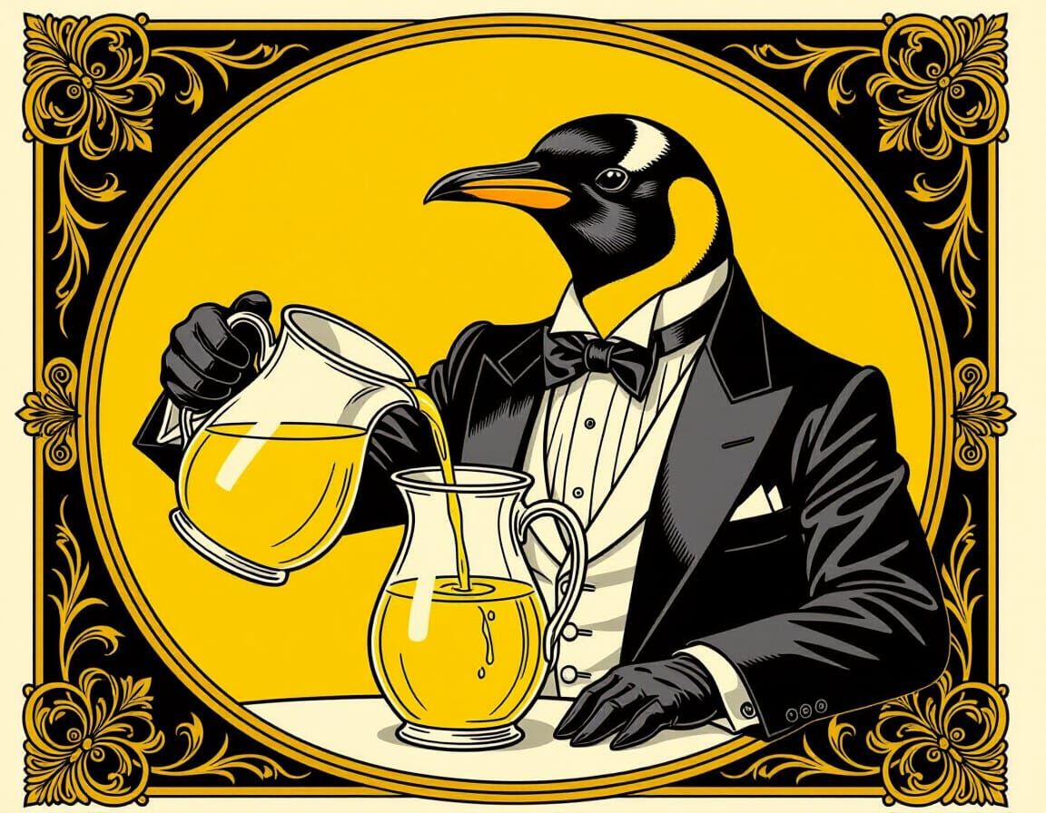 Penguin Bartender: Lemonade in Art Nouveau Style