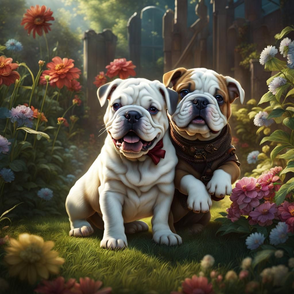 Happy Bulldog Puppies Playing: Detailed Matte Painting