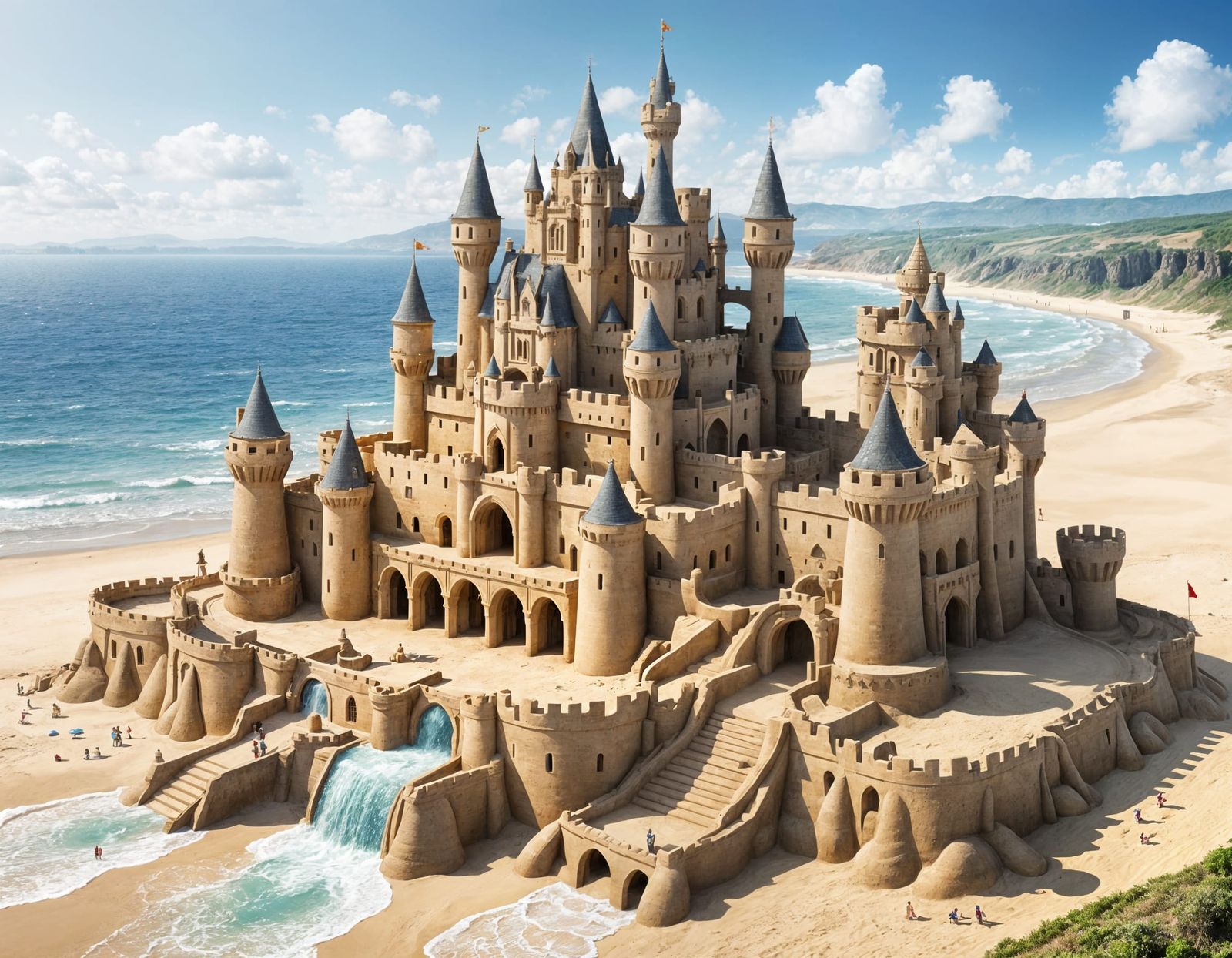 Elaborate Sandcastle with Moat and Waterfalls