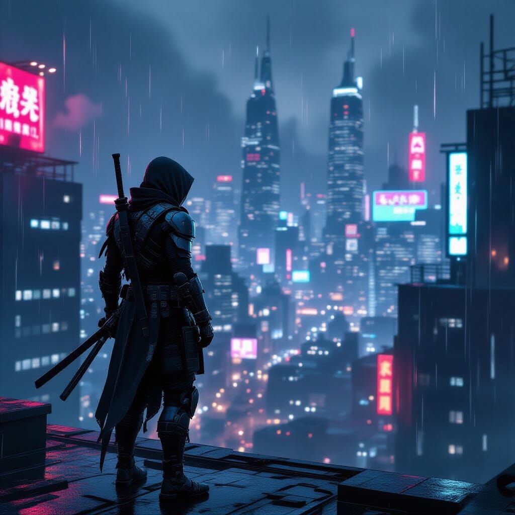 Cyberpunk Ninja Overlooking Neon Metropolis
