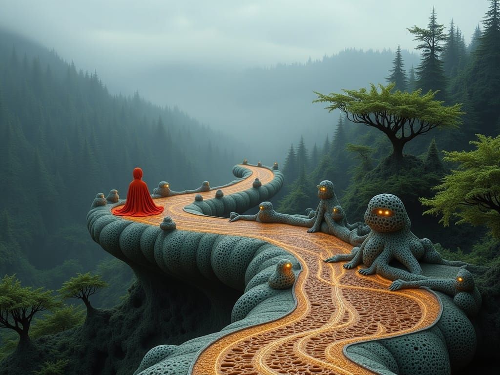 Ethereal Figure Meditates on Glowing Bridge in Misty Forest