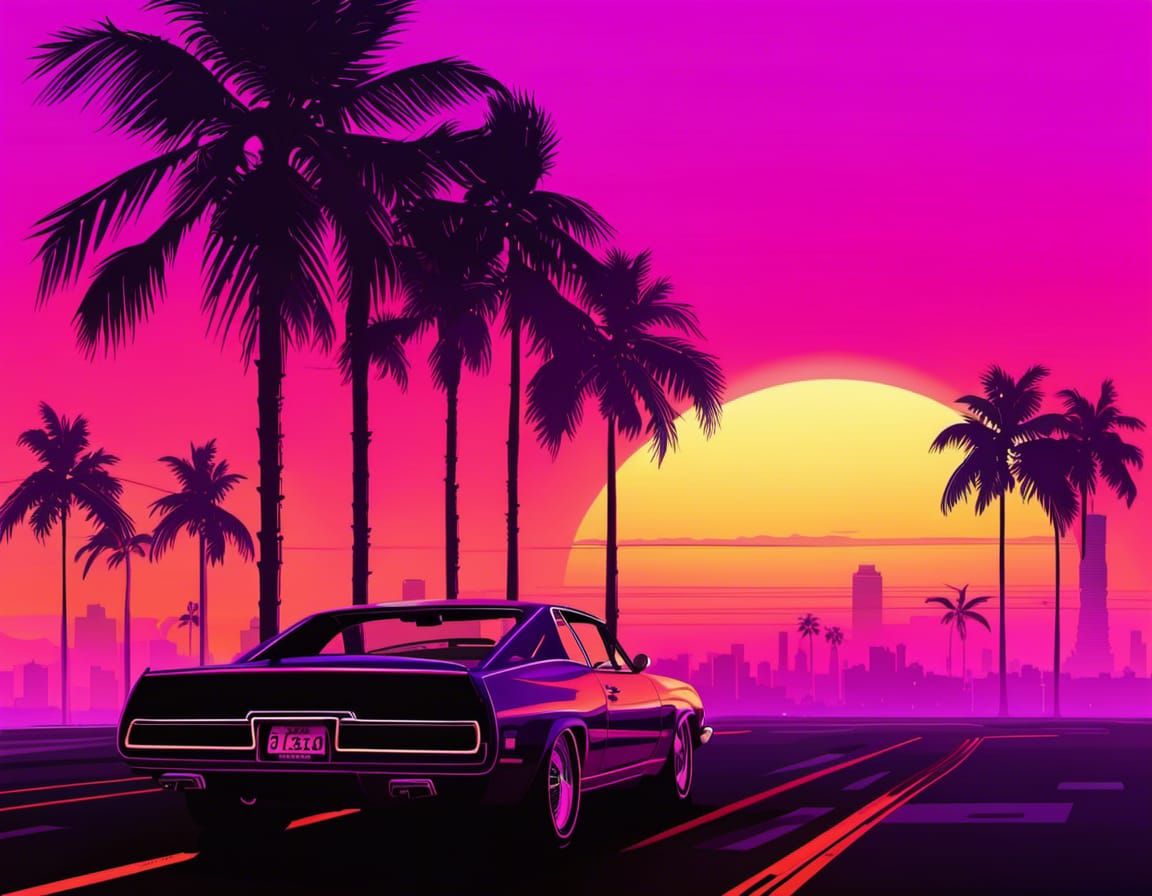 Grand Theft Auto Purple Sunset in Synthwave Style
