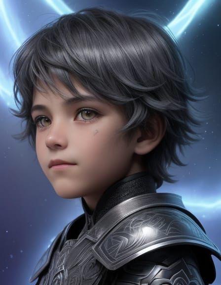 Boy in Bioluminescent Armor with Cosmic Eyes