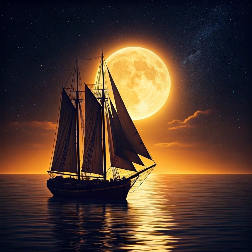 Golden Starlit Sailboat under Full Moon Impressionist Painti...
