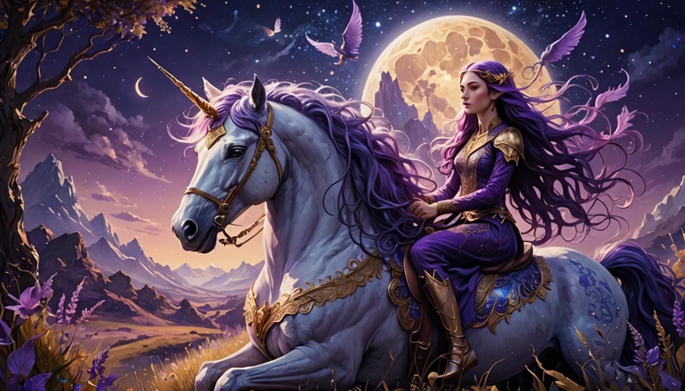 Elvish Woman on Pegasus in Fantasy Meadow