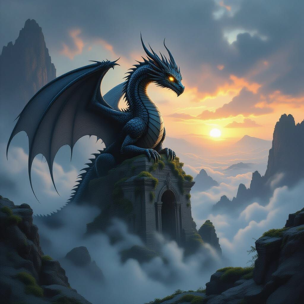 Ancient Obsidian Dragon on Ruin in Surreal Landscape