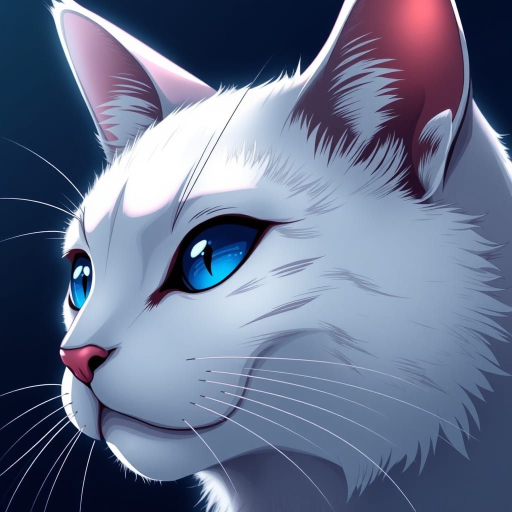 Majestic White Cat with Piercing Blue Eyes in Anime Style