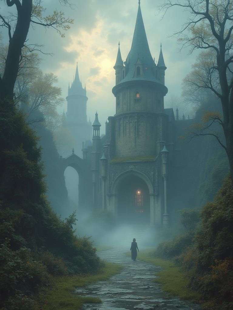 Ethereal Fantasy Castle in Misty Twilight