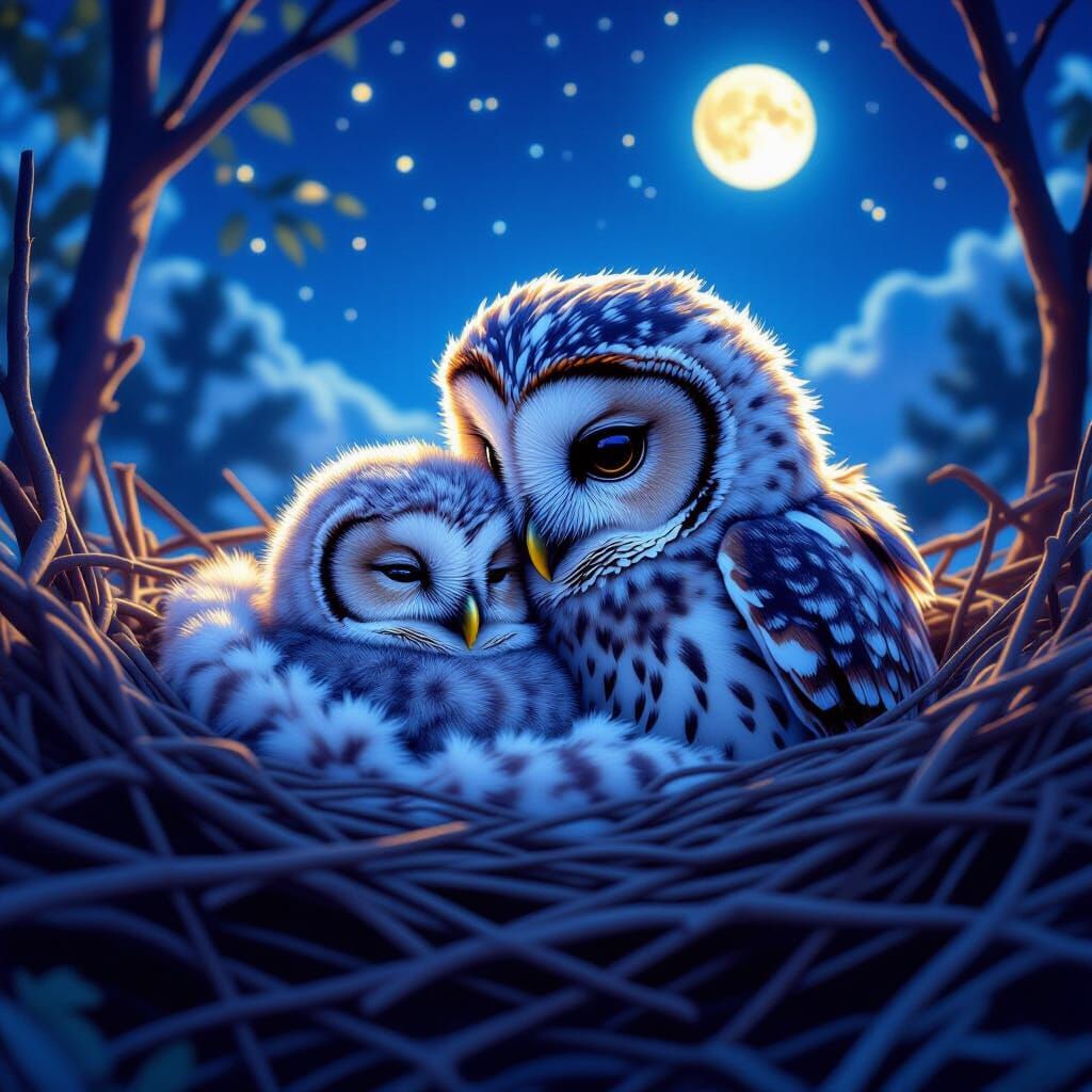 Baby Owl Snuggles Mother Under Starry Moonlit Sky