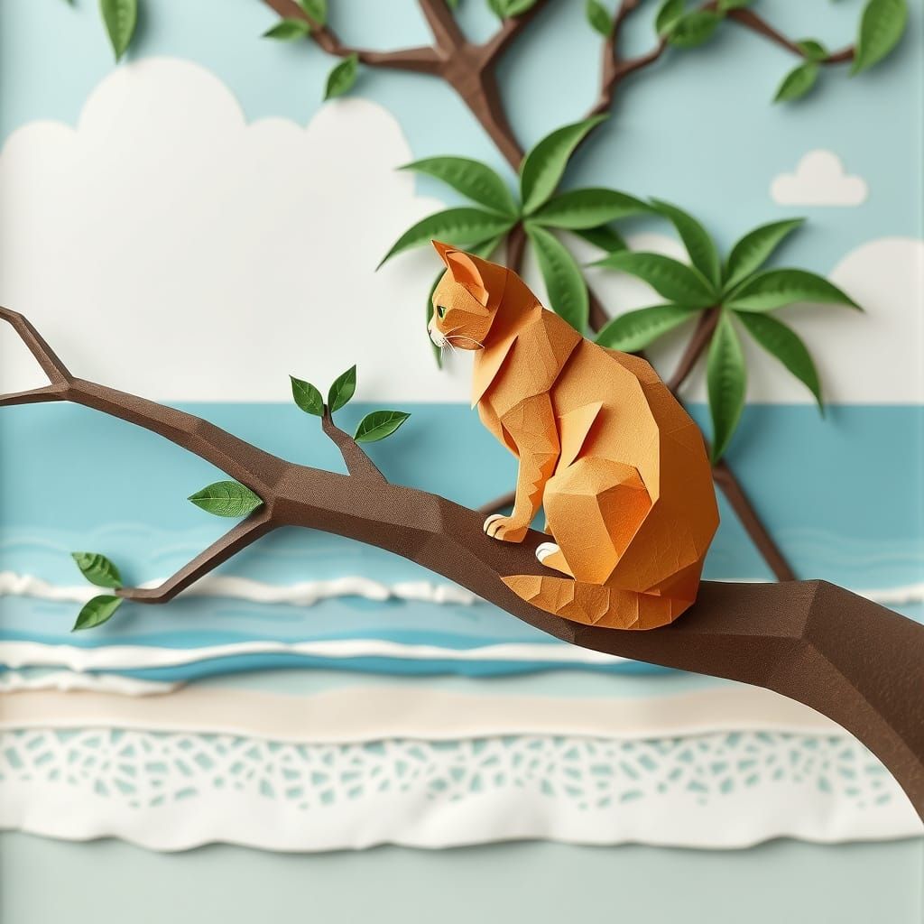 Cat Overlooking Beach in Origami Papercraft Style