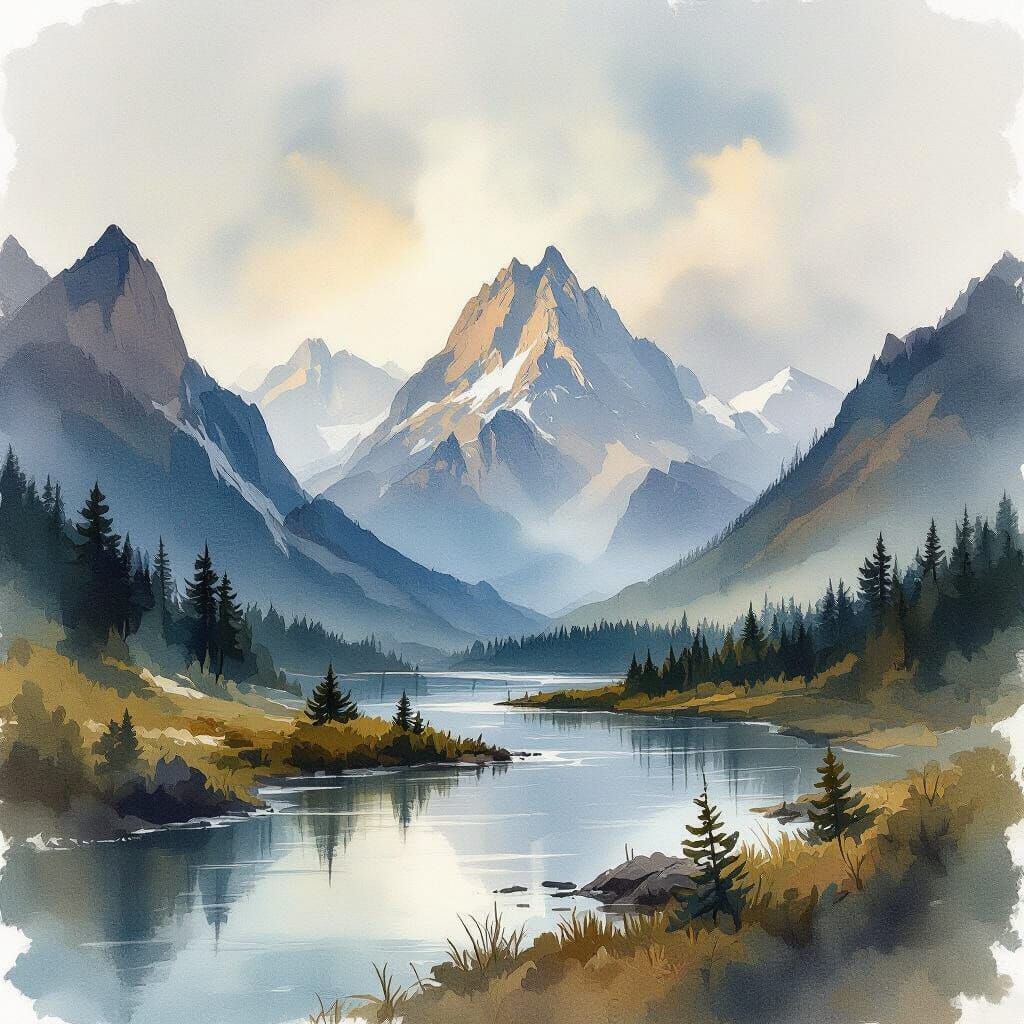 Majestic Mountain Landscape in Expressive Watercolor Style
