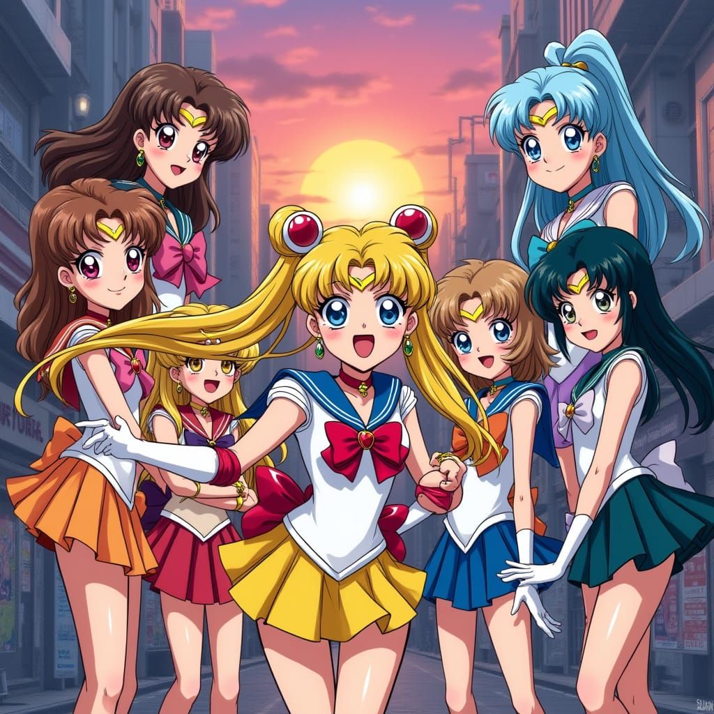 Magical Girl Icons Unite in Vibrant Tokyo Sunset Scene