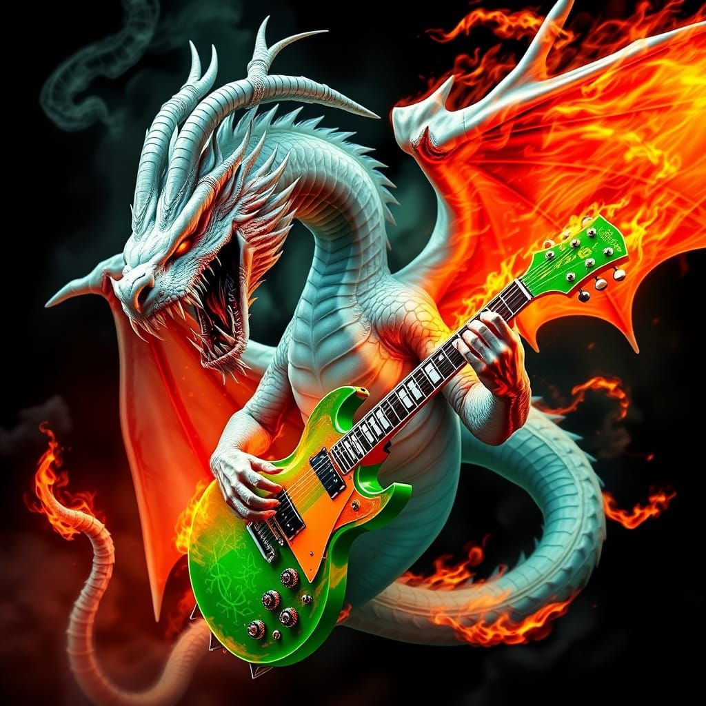 Albino Dragon Shreds Guitar in Fiery, Mystical Scene