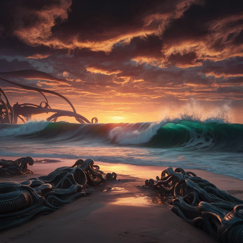 Futuristic Beach Sunset in Biomechanical Style