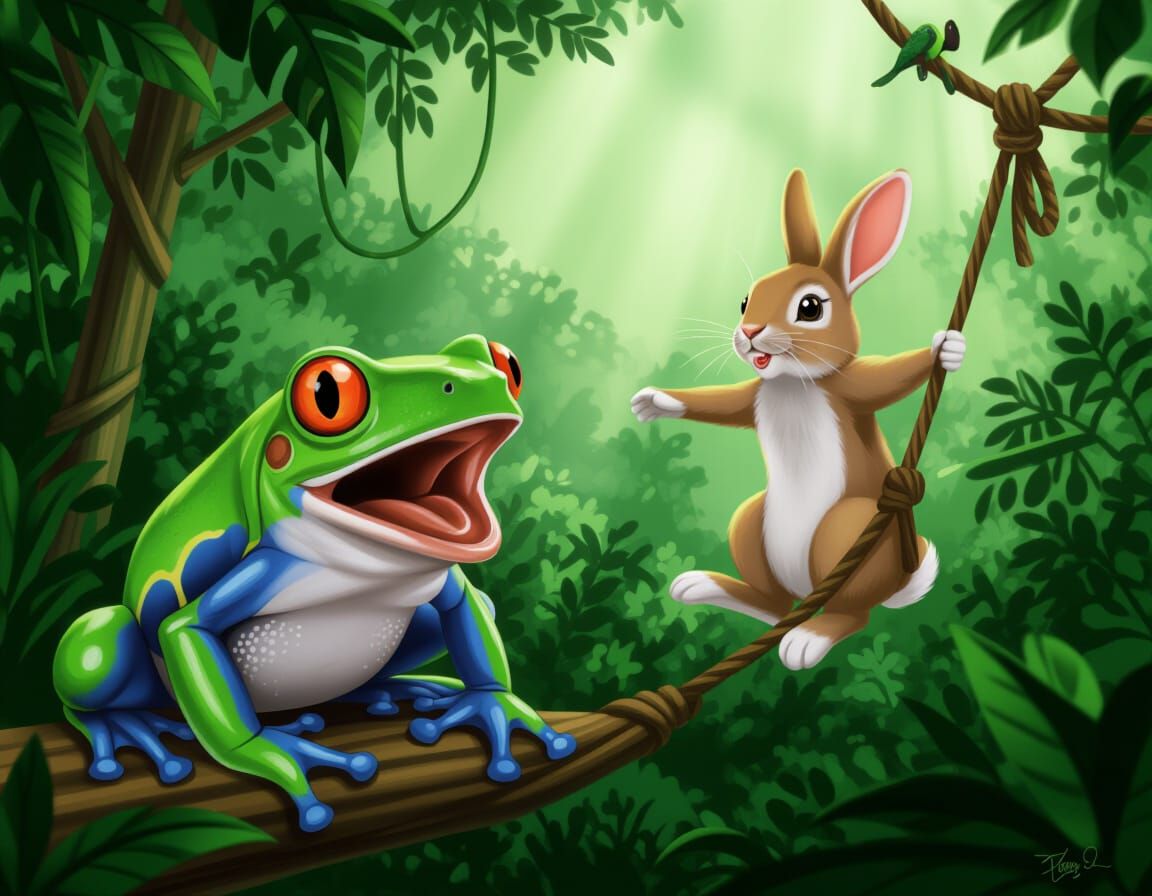 Shocked Frog and Tarzan Rabbit in Rainforest
