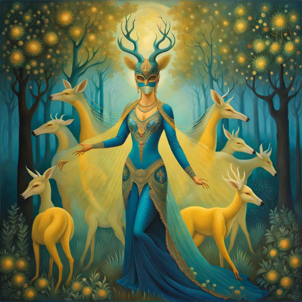 Masked Figures Dance in Moonlit Glade