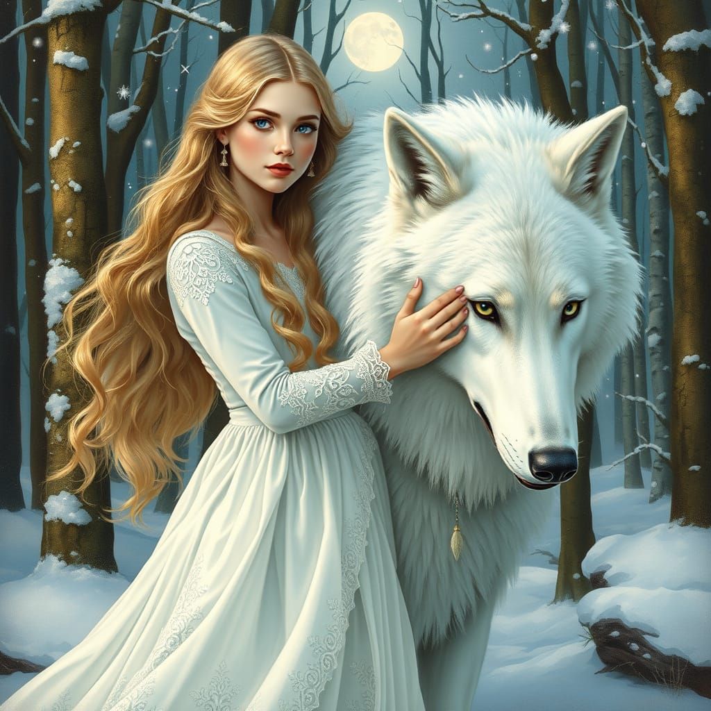 Woman and White Wolf in Snow, Art Nouveau Style