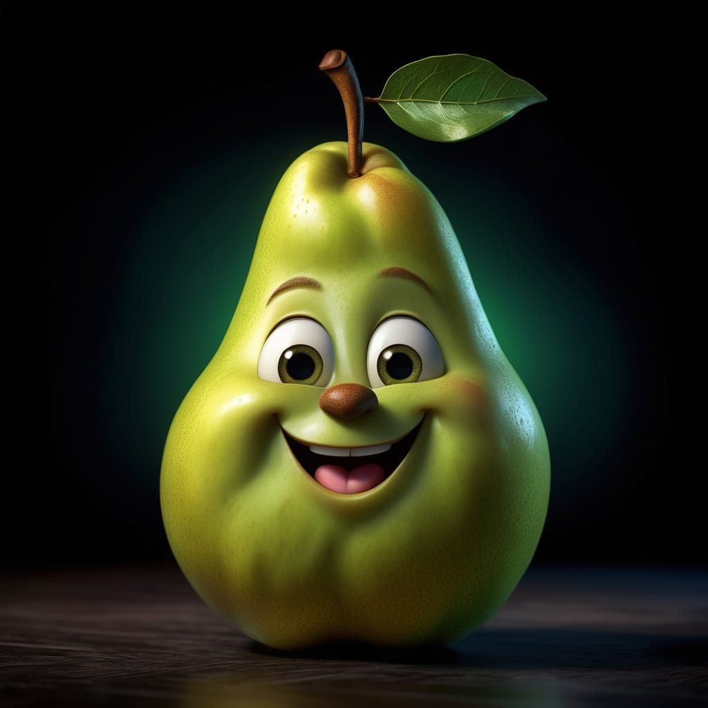 Whimsical Green Pear in Joyful Hyperrealistic Portrait