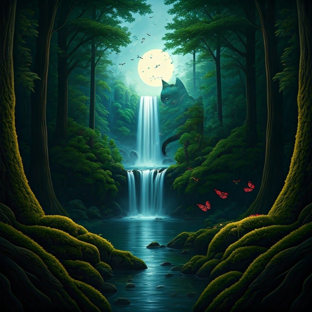 Mystical Cat Silhouette with Forest and Moon