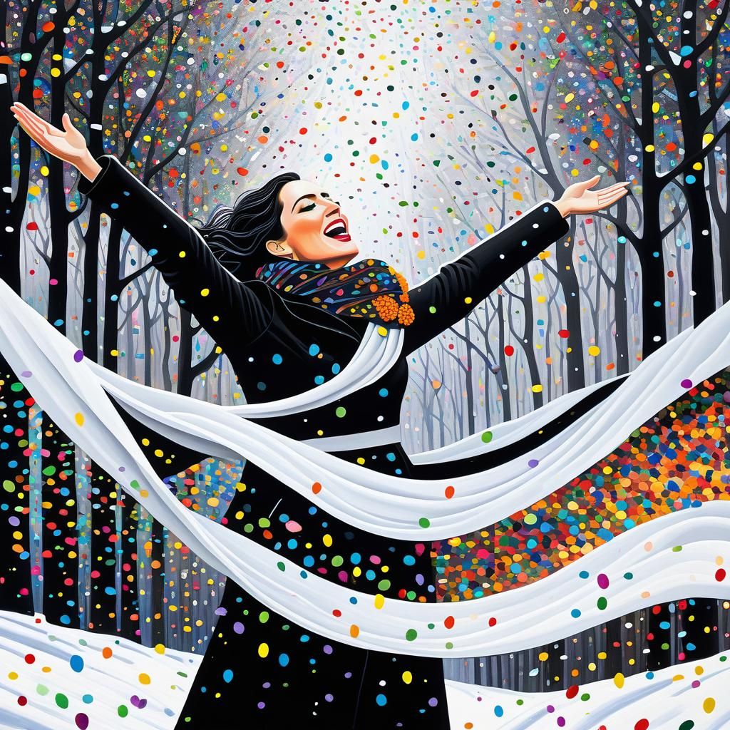Joyful Woman in Winter Confetti Rain, Klimt-Inspired