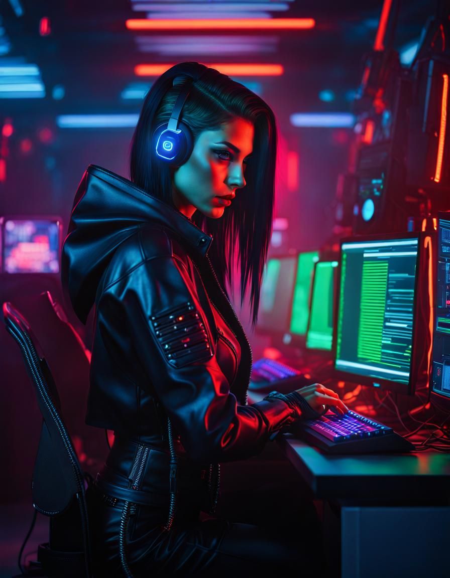 Dark Gothic inspired Cyberpunk hacker female working at a computer in dimly lot computer room. Red, blue, green, orange,...