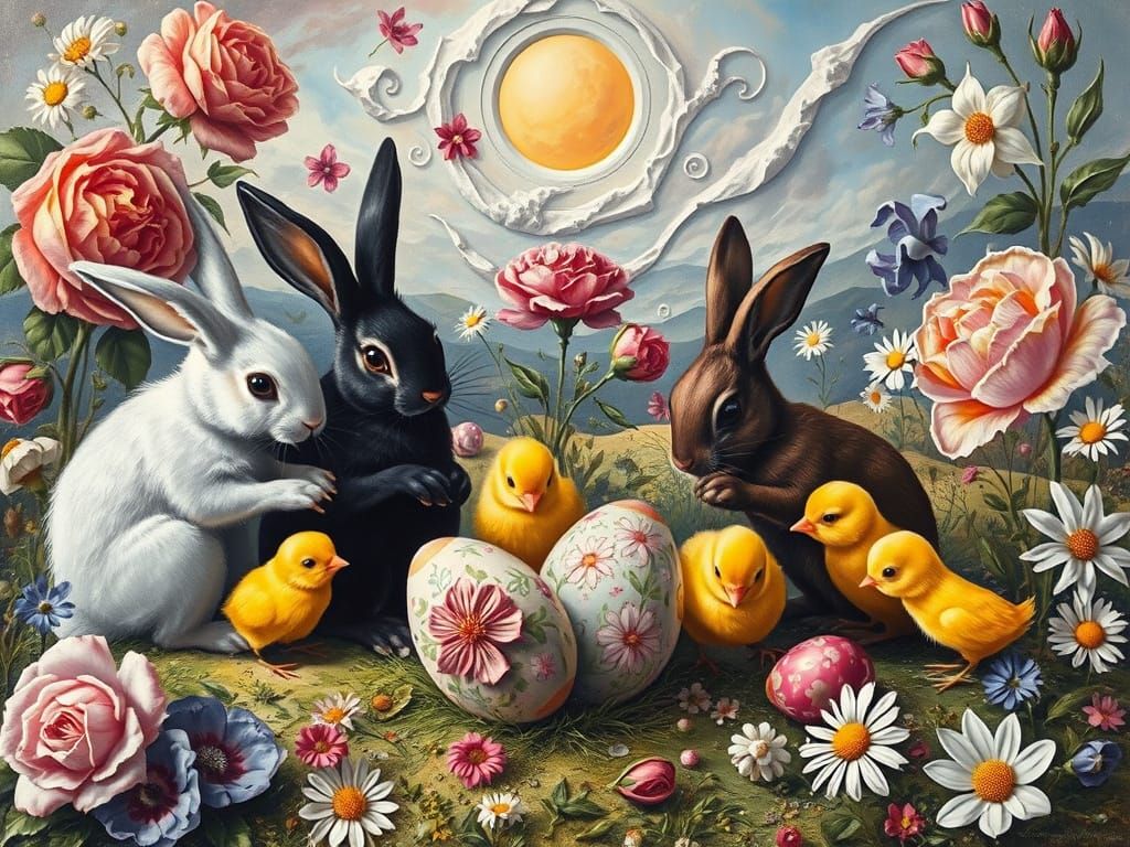 Whimsical Renaissance Landscape with Easter Bunnies