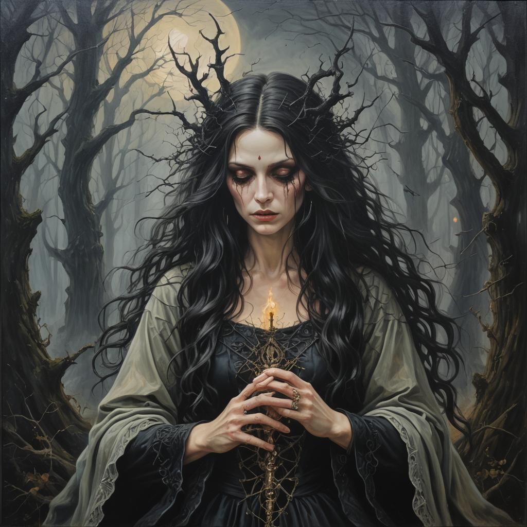 Romantic Oil Painting of a Black Magic Spell