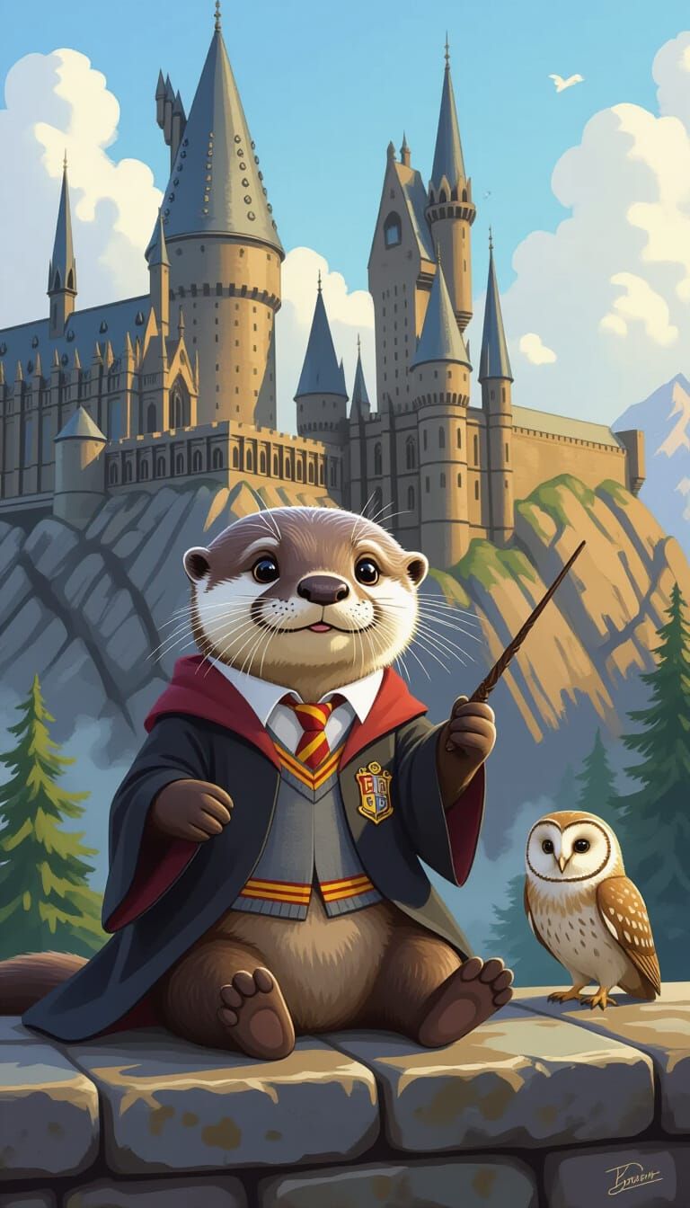 Joyful Otter in Hogwarts Uniform at Enchanted Castle
