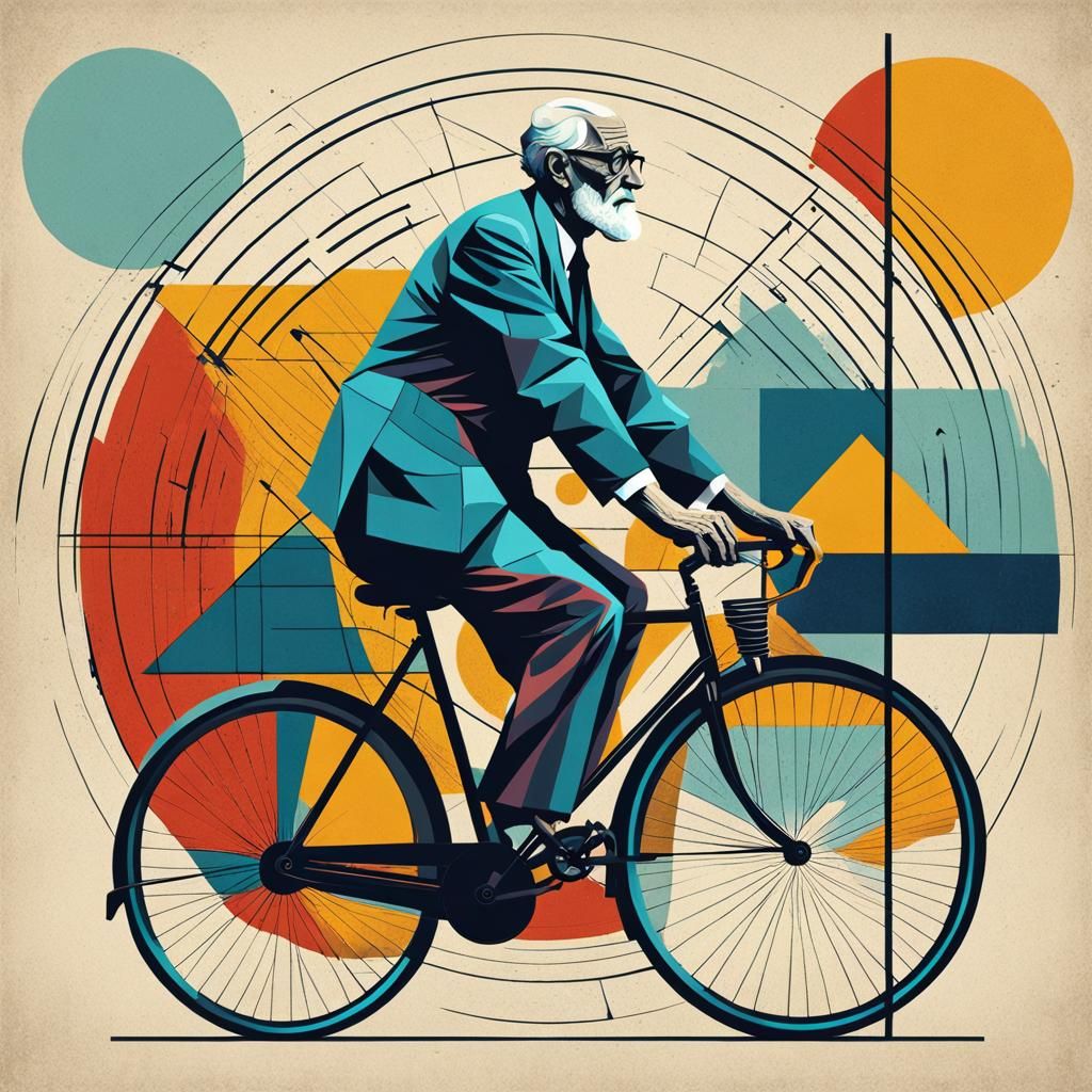 Pop Art Old Man on Bicycle in Cubist Style