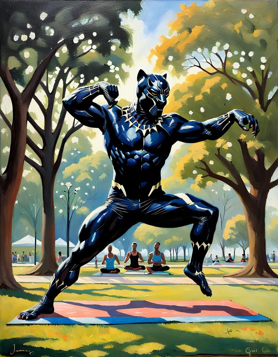 Black Panther Doing Yoga: An Oil Painting