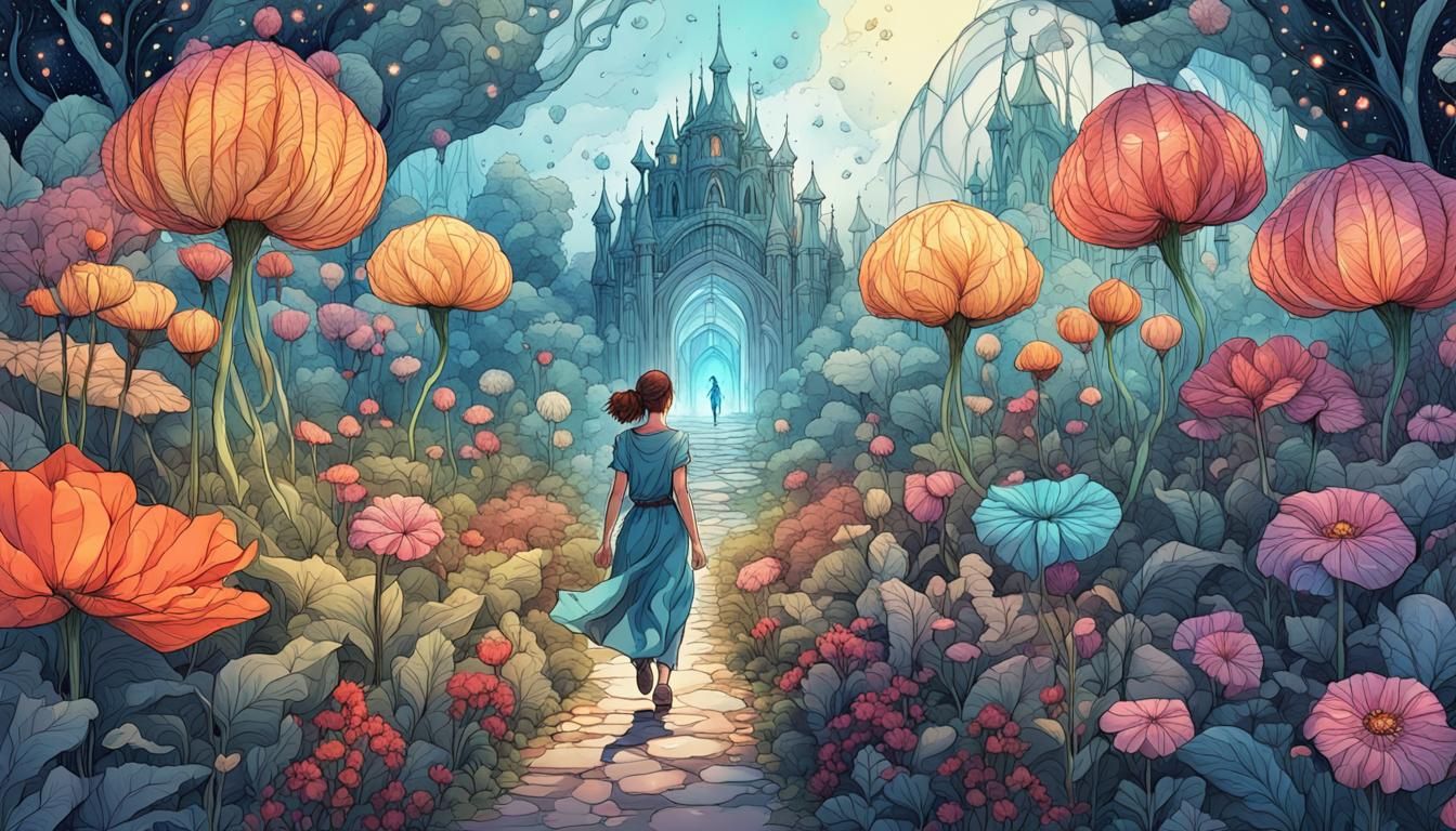 Ink Drawing: Woman in a Giant Flower Garden