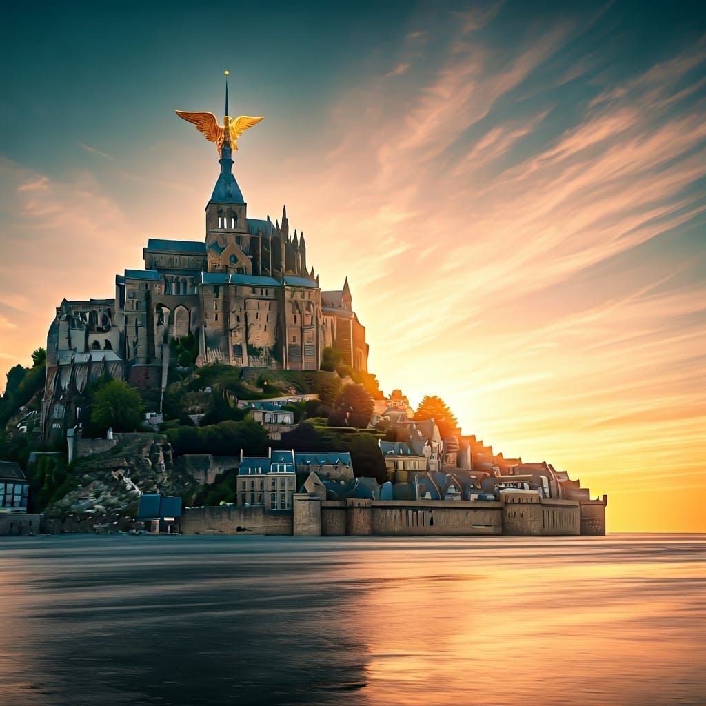 Hyperrealistic Mont Saint Michel at Sunrise with Glistening....