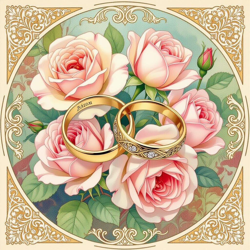 Wedding Rings and Roses in Art Nouveau Style