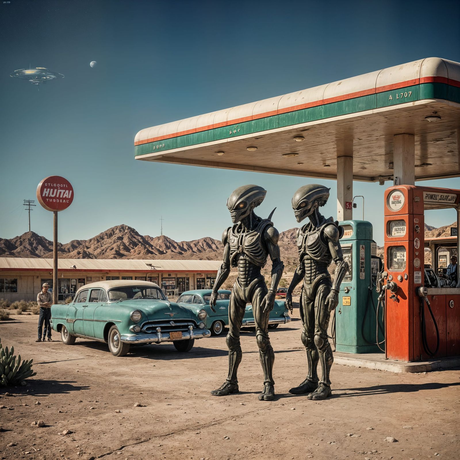 Retro Aliens Visit Desert Gas Station