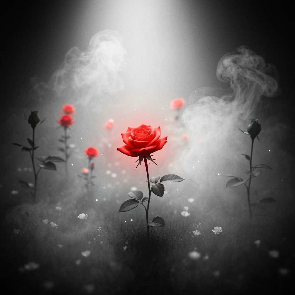 Magical Abstract Garden With Single Red Rose