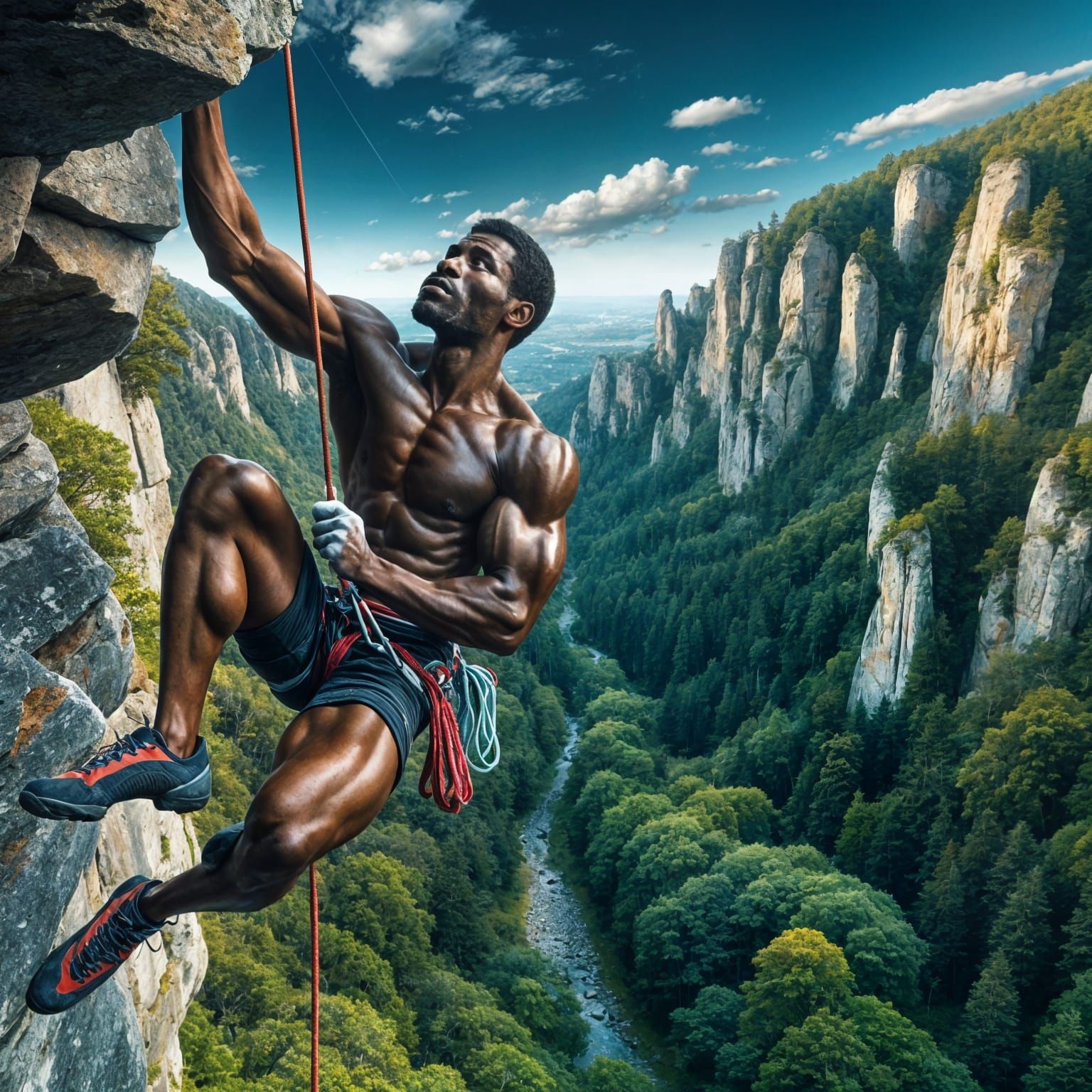 Dynamic Rock Climber in Rugged Landscape