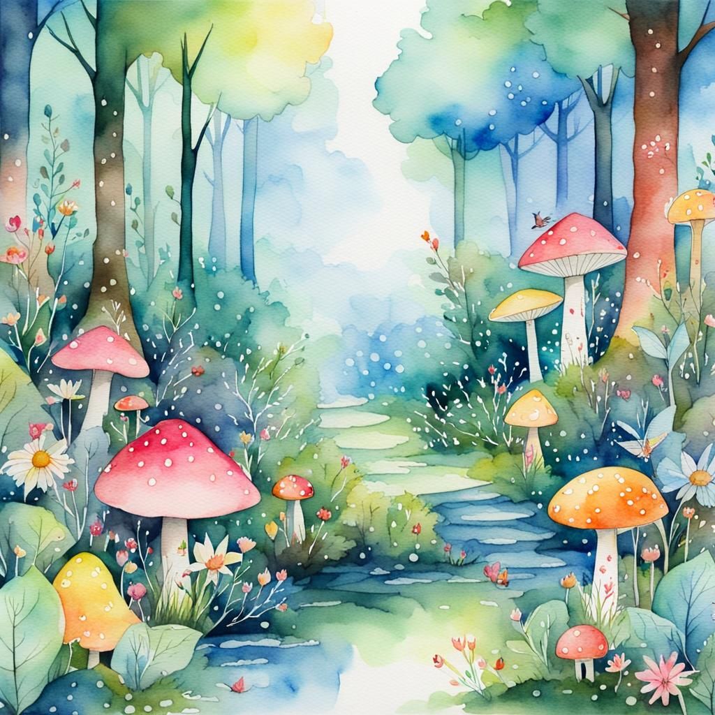 Watercolor Fairy Forest with Tiny Fairies