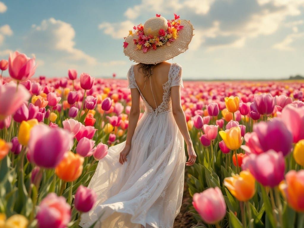 Surreal Woman Strolls Through a Kaleidoscope of Tulips in Ph...