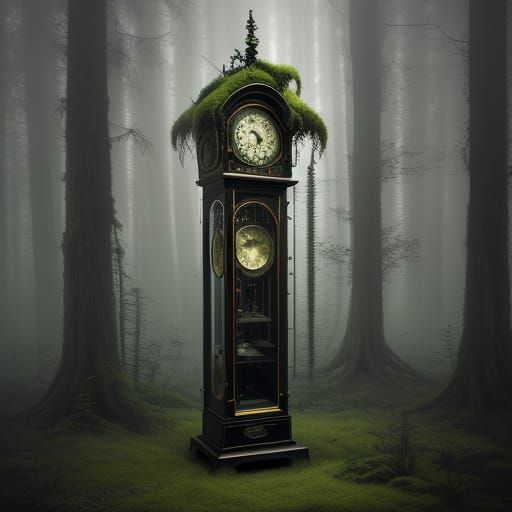 Surreal Grandfather Clock in Misty Enchanted Forest
